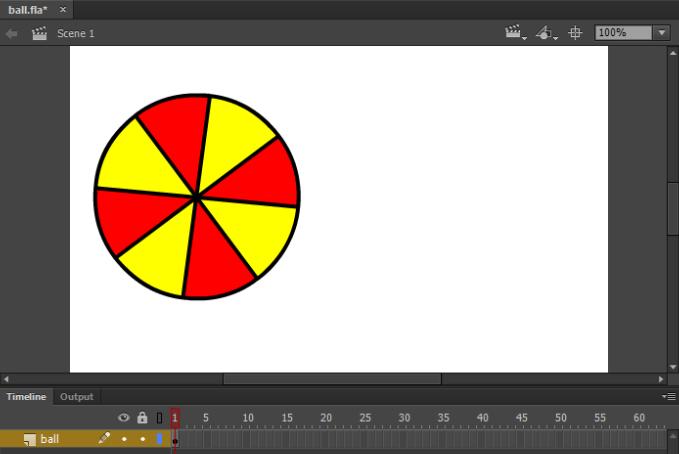 Tutorial D1 Create Graphic Symbol 1. Open a new Animate document (with ActionScript 3.0). 2. Click File and Save it as ball.fla. 3. Draw a ball on the stage as shown in the picture: 4.