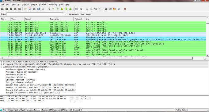 Figure 1: Snapshot of Wireshark packet capturing. 2.1.5. Remote Capture Interfaces: Wireshark can capture remote packet data [1].
