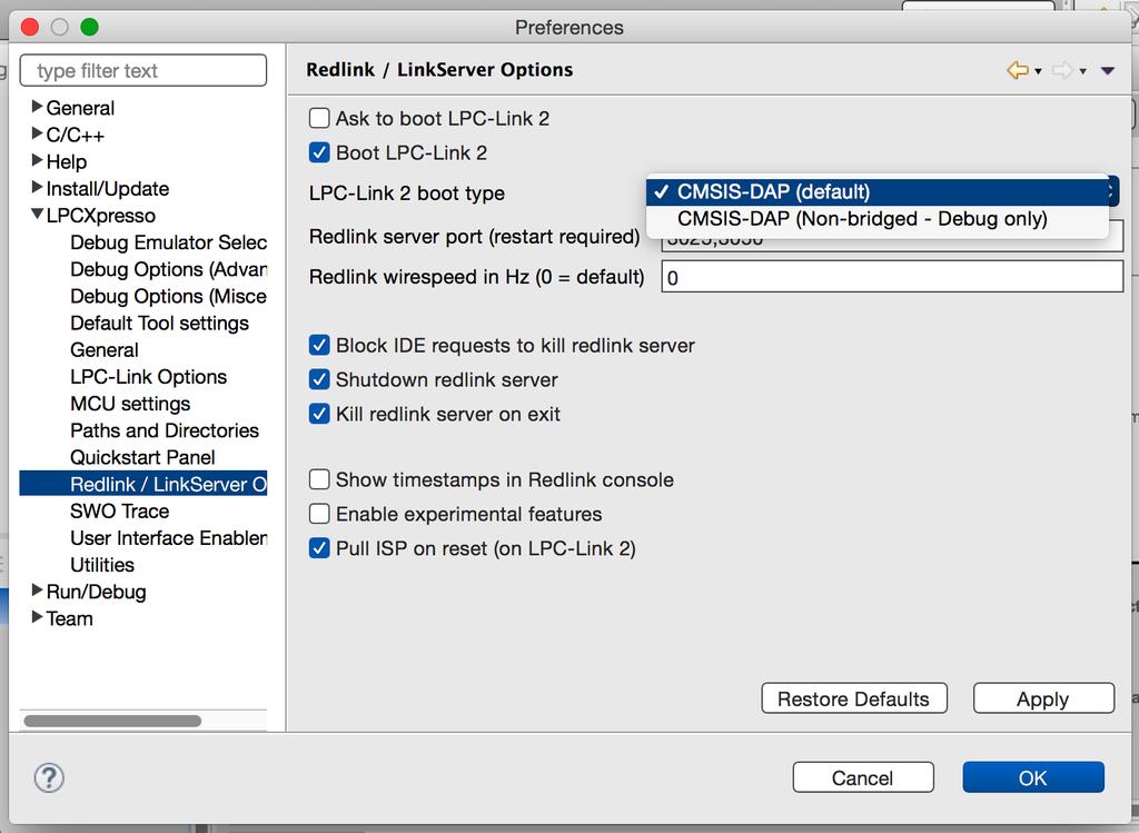 4. Locate the Redlink / LinkServer Options page by expanding the LPCXpresso item.