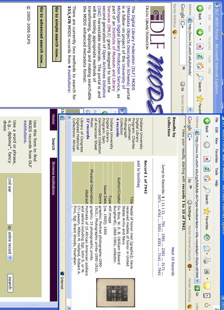 APPENDIX A DLF MODS Portal showing a simple Google-like search for the phrase Civil War -- note thumbnail view, BookBag personal