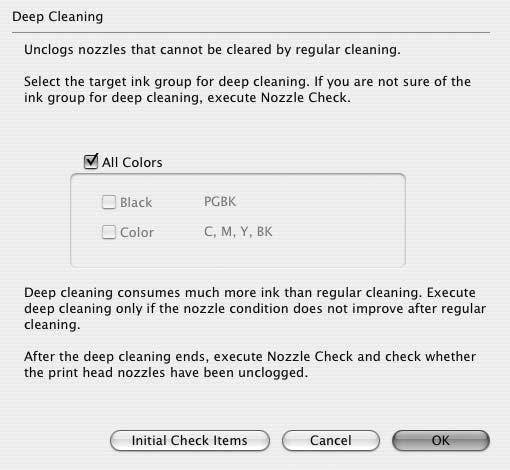 1 Make sure that the printer is on. 2 Open the Canon IJ Printer Utility dialog box. 3 Start Print Head Deep Cleaning. (1) Make sure that Cleaning is selected in the pop-up menu.