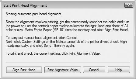 (3) Confirm the displayed message and click Align Print Head. The print head alignment pattern is printed. Printing takes about 4 minutes to complete.