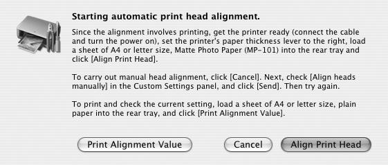 Clicking Print Alignment Value prints the current settings and finishes Print Head Alignment. If the pattern is printed as shown right, the Print Head is aligned automatically.