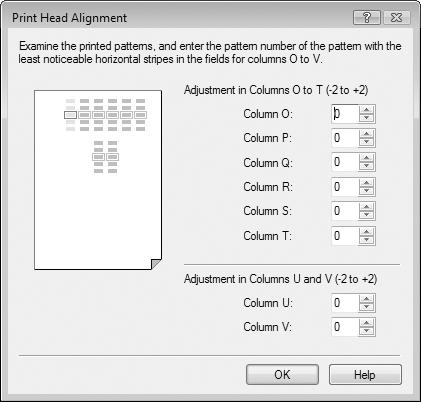 4 Look at the second printout and adjust the print head position. (1) Check the printed patterns and select the number of the pattern in column O that has the least noticeable horizontal streaks.