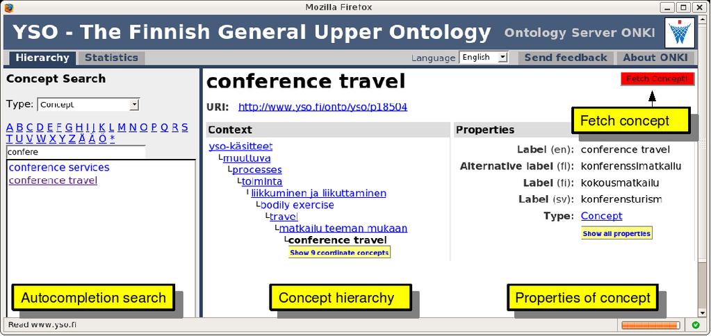 Figure 2: The ONKI-SKOS Browser. be shown in the default view and the default concept type used in restricting the concept search.