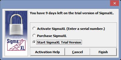 9. If you wish to evaluate SigmaXL, select Start SigmaXL Trial Version as shown.