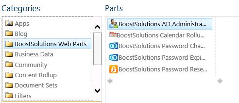 In the Categories section, click BoostSolutions Web Parts, select BoostSolutions AD Administration from the Web Part list, and then click Add.