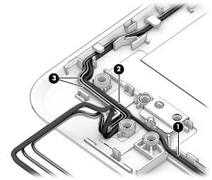 7. Use the following image to determine proper cable routing around the left hinge for the camera/display cable and the wireless antenna cables.