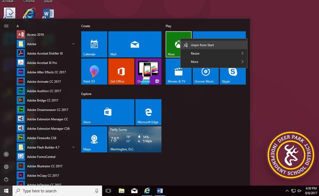 DPISD Windows 10 CUSTOMIZING YOUR COMPUTER When you log into your computer for the first time after it has been updated to Windows 10: Version 1703, you will notice the default programs that you set