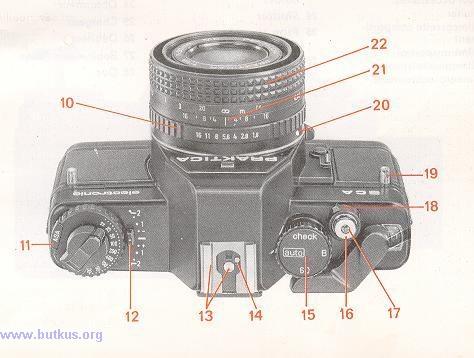 13. Hot shoe with center contact 14. Contact for dedicated computerized flash unit 15.