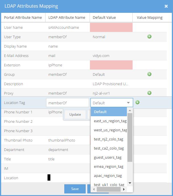 15. Configuring Settings as the Tenant Admin The VidyoPortal tenant used in this example has Location Tags configured as Default, east_us_region_tag, west_us_region_tag, etc.