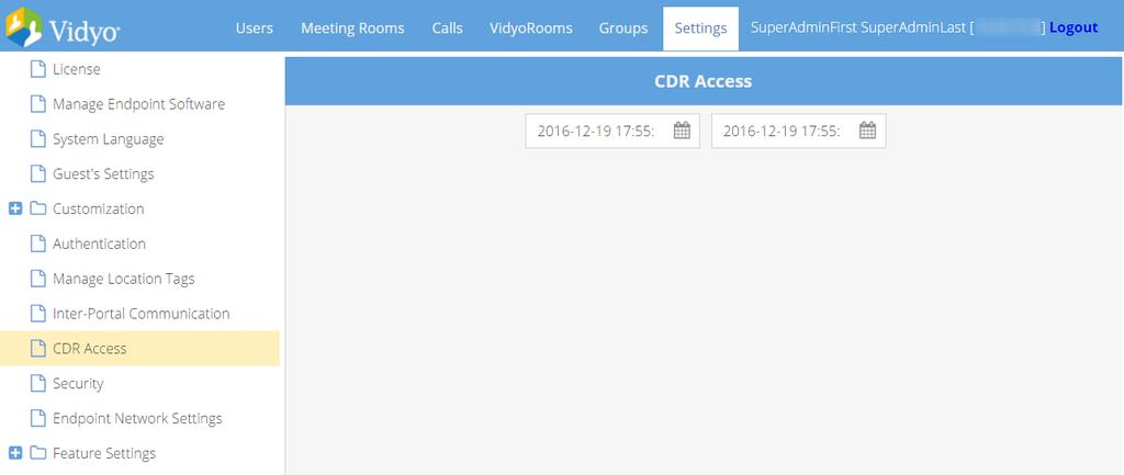 15. Configuring Settings as the Tenant Admin The CDR Access page displays. 4. Specify a date range. 5. Click Export. The export record limit is 65,000 records.