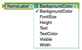 BackgroundColor, FontSize, Height, Text, TextColor, Visible, and Width are accessible both in Blocks and in the Designer Properties section.