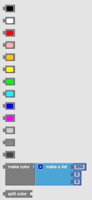 Colors Blocks There are 13 preconfigured color blocks along with a block that allows you to make any color using red, green, and blue values.