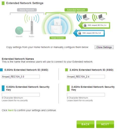 Extended Network Settings (SSID and Security) The default SSID of the Range Extender is Amped_REC22A_2.4 and Amped_REC22A_5.0.