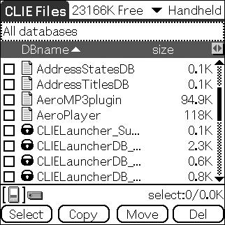 Exchanging data via Memory Stick media 3 Tap V at the top right of the CLIE Files screen to select [Handheld]. All the CLIÉ handheld data are displayed. Tip You can also tap (Handheld) to select.