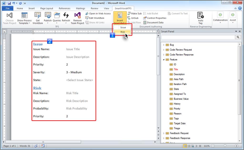 SMART PARTS IN DOCUMENT AUTHORING MODE After the template (showing the Smart Parts in the above image) has been saved and opened in the Document Authoring Mode, the two original Smart