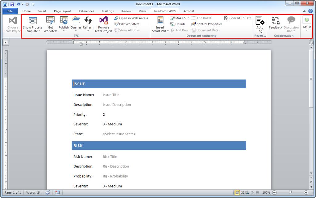 Upon successful connection, other options in the SmartWord4TFS Tab become enabled, while the Choose Team Project option