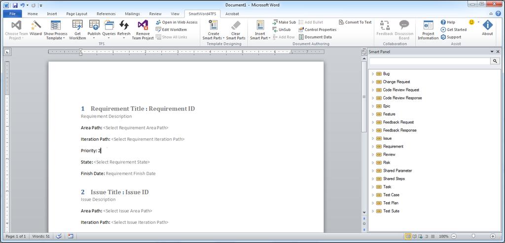 OVERVIEW SmartWord4TFS is a Microsoft Word add-in that integrates Microsoft's Team Foundation Server in a Word Document. It allows users to create and manage Work Items in their favorite application.