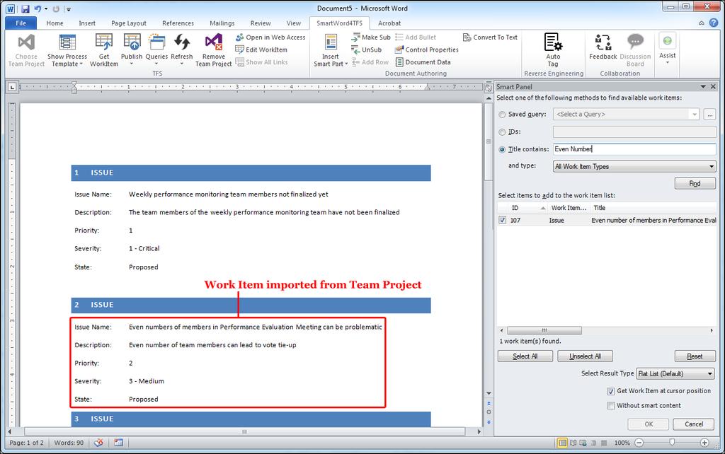 The Work Item is imported into the document as per the