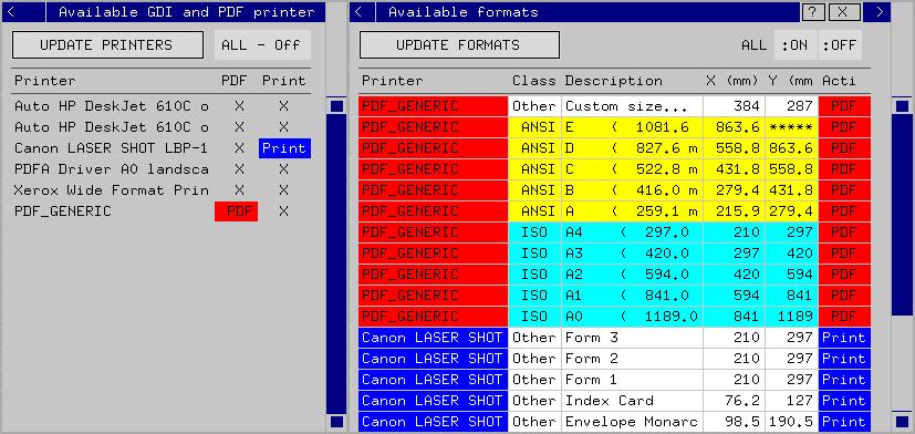 Printers/formats The printers and formats to be used by PDFAssistant can be selected in the Printers/formats control table.