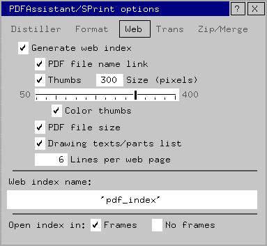 Web options The creation and contents of the web-index of the PDF files is controlled in this menu. Generate web index Switches on or off the creation of the web-index.