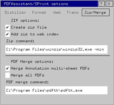 Zip/Merge options Create zip file Switches on or off the creation of a zip file containing all the PDF, web index and translated files.
