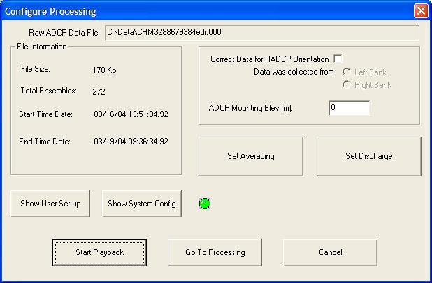 6 Data Playback After data is collected and stored on disk, WinH-ADCP can play it back. If desired, averaging and discharge parameters can be changed.