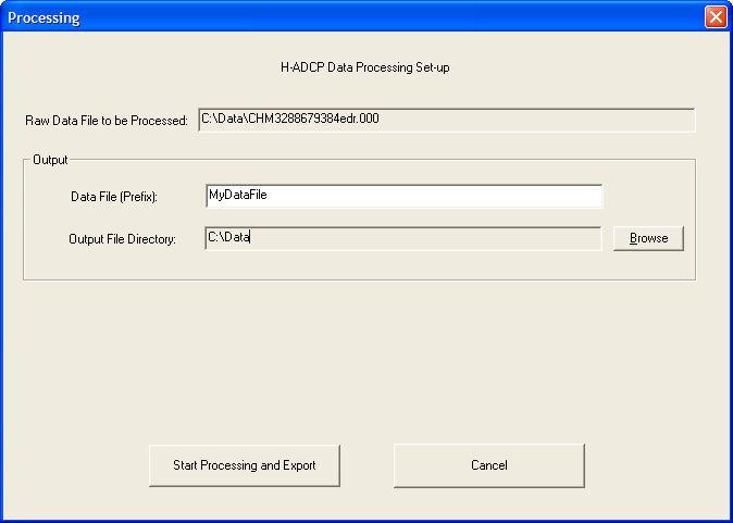 Figure 15. Processing Screen Processing Screen Settings WinH-ADCP uses the Data File (Prefix) to create the processed data file made during data processing. If your prefix is Test, a Test000r.