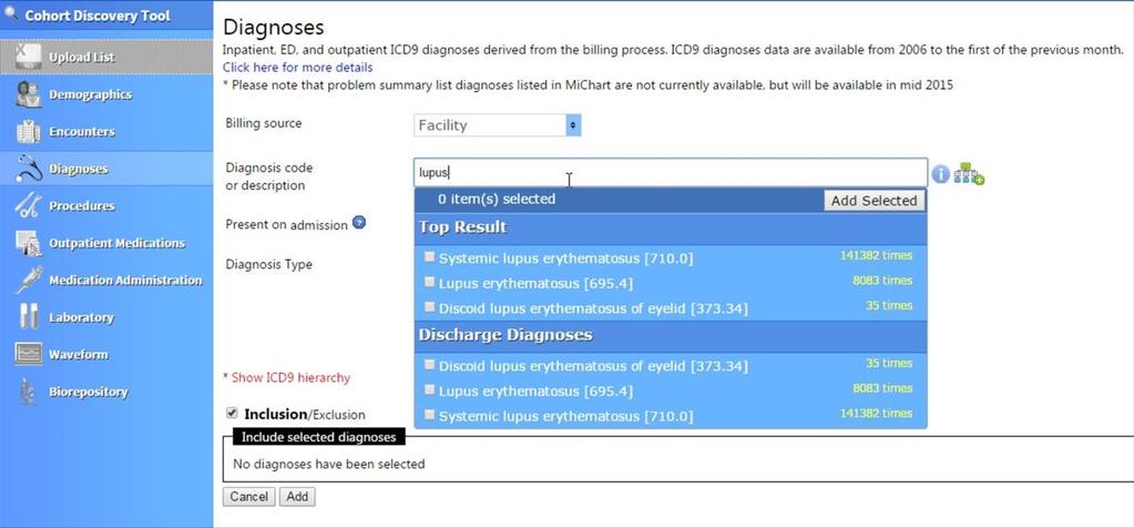 Select Diagnosis, and begin typing the desired diagnosis name (or associated ICD-9 code) into the Diagnosis Code field.
