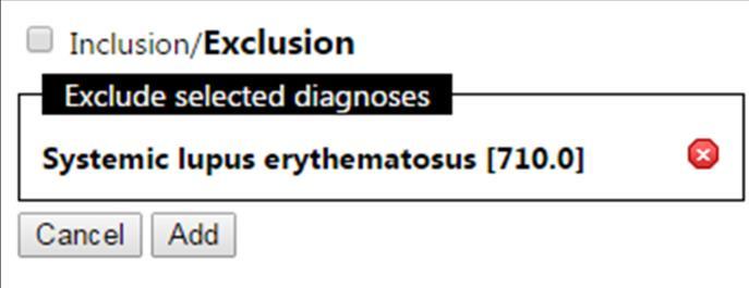 Exclusions To exclude a characteristic in your query (e.g., run a query to retrieve patients who do NOT have Lupus), you must UNCHECK the Inclusion / Exclusion checkbox.