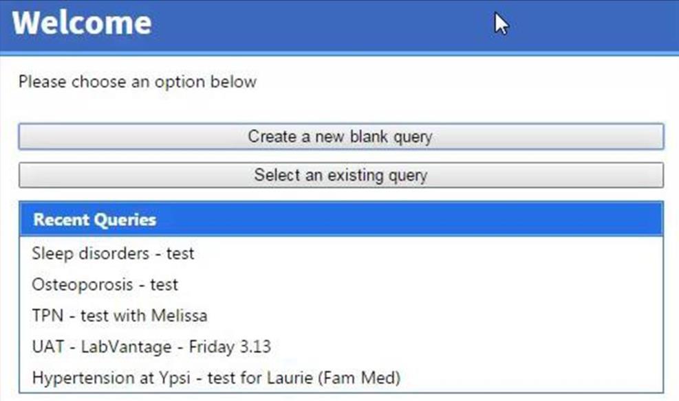 Building Datasets for Download PHI Mode After logging in, select Create a new blank query to proceed (or Select an existing query to