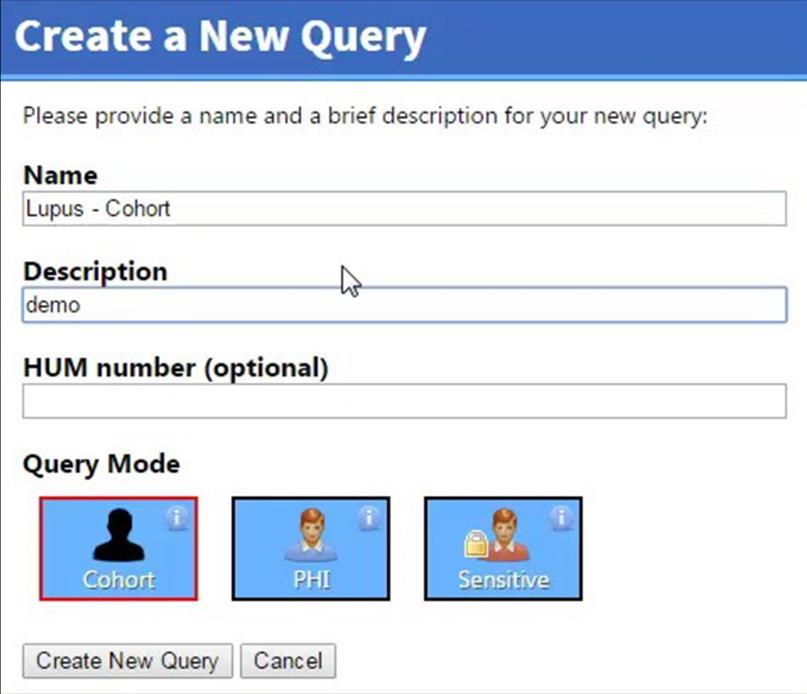 Creating a New Query (Cohort Mode) Upon logging in, select Create a new blank query to proceed (or Select an existing query to use a