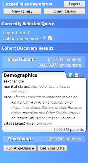 Results include 1) initial patient and encounter counts, 2) saved criteria, and 3) final aggregate count of patient data