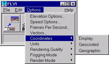 Chapter 2 - Flying Through the Terrain Figure 2.16 Options menu showing the Coordinates commands Display reports your position in pixels and lines in the loaded terrain.
