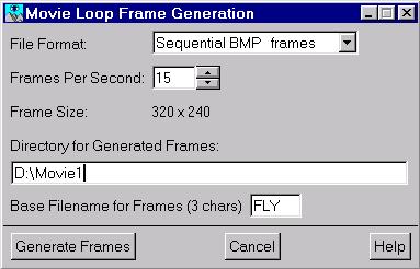 Chapter 3 - Running a FLY! Demo Figure 3.20 Movie Loop Frame Generation Dialogue Box You can choose from several file formats in the File Format menu.