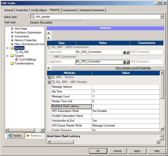 7. In the Connections section, select the JNDI application connection object and the JMS application connection object that you created. 8.