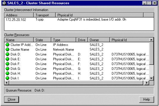 System Management 6-7 Cluster Shared Resources Screen The Cluster Shared Resources screen (Figure 6-4) contains specific information about the cluster interconnect and all cluster resources running