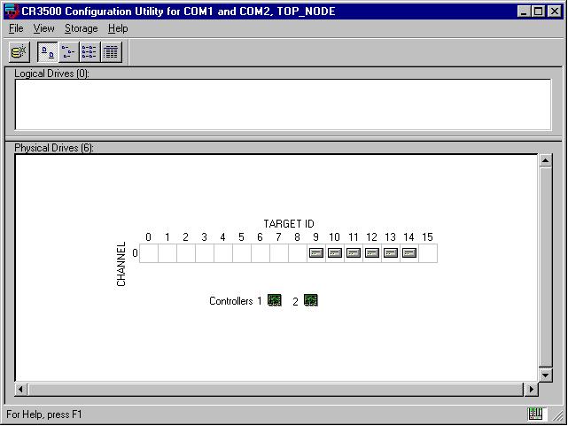CR3500 Configuration Utility 4-7 Main Window The CR3500 Configuration Utility main window (Figure 4-5) has four areas: Menu bar Toolbar Logical drives window Physical drives window Figure 4-5.