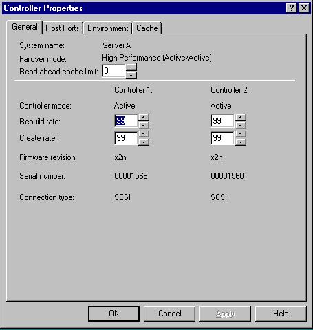 4-14 Compaq ProLiant CL380 Software User Guide The Controller Properties screen (Figure 4-10) appears showing the four property tabs. They are: General Host Ports Environment Cache Figure 4-10.