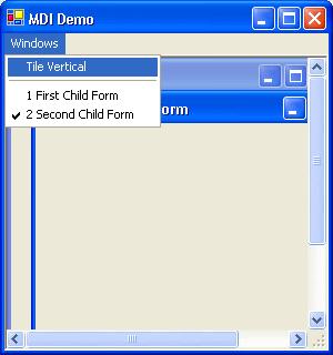 Nếu bạn click Tile vertical, hai forms child sẽ được layout kiểu Tile như dưới đây: Bạn có thể tải về chương trình MDIForm nầy tại đây.