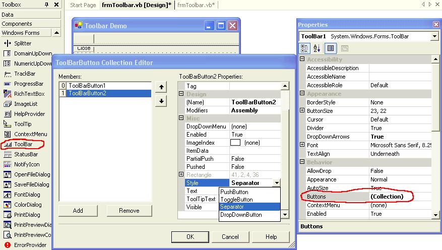 Bạn hãy Add vào Toolbar ba buttons với những đặc tính sau: Đổi property Text của button thứ nhất (ToolbarButton1) ra Close vì ta muốn đóng chương trình khi user click lên button ấy.