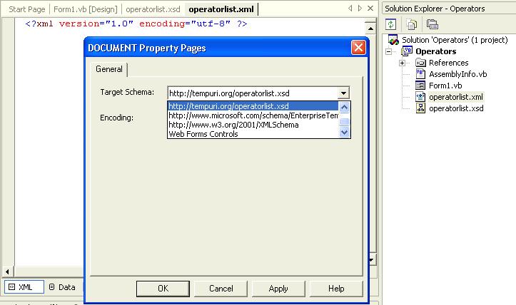 Chọn PopupMenu command Properties để hiển thị dialog DOCUMENT Property Pages. Trong cái Dropdown Combo, chọn http://tempuri.org/operatorlist.xsd làm Target Schema cho operatorlist.xml của chúng ta.