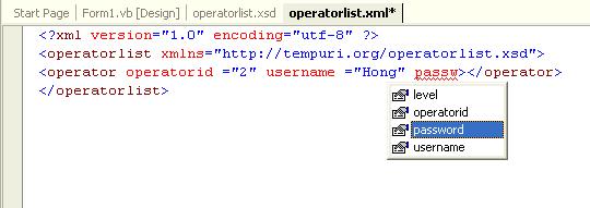 Điều nầy có nghĩa là ta áp đặt Schema operatorlist.xsd lên cấu trúc và các dữ kiện bên trong XML file operatorlist.xml. Bây giờ, bạn có thể bắt đầu đánh data vào trang operatorlist.xml. Để ý là vì IDE biết ta đang dùng Schema operatorlist.