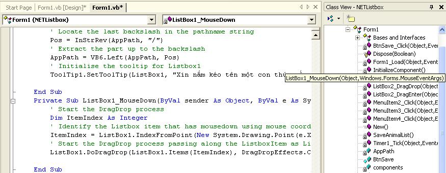 Biểu diển DragDrop Code của DragDrop, lưu ý ta phải viết thêm Sub ListBox2_DragEnter để handle Event DragEnter. Private Sub ListBox1_MouseDown(ByVal sender As Object, ByVal e As System.Windows.Forms.