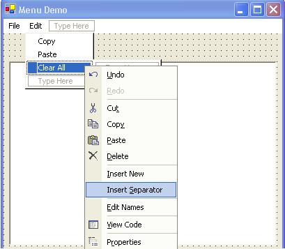 Muốn chỉ định Shortcut cho một MenuItem, bạn select MenuItem ấy rồi vào cửa sổ Properties để chọn