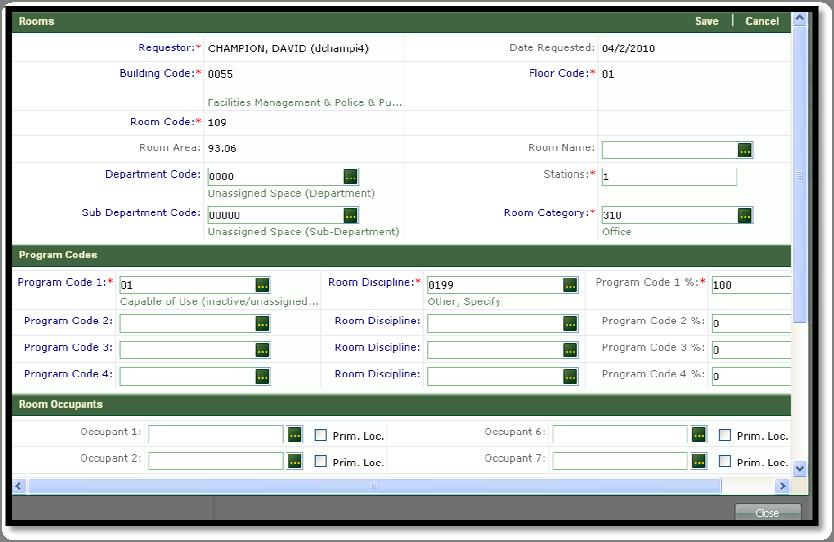 2.3.2.1. When the Update button is selected, the Rooms pop up windowpane will display allowing the space manager to review and update the requested change information, as needed (Figure 22). 2.3.2.2. Using the Room windowpane view, the space manager may select new information using the ellipse buttons to correct inaccurate data fields (Figure 22).
