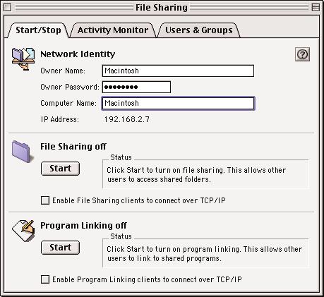 28 Step 2: In Mac OS 9 Turn on File Sharing 1. From the Apple menu, choose Control Panels > File Sharing. 2. Select the Start/Stop tab. 3.