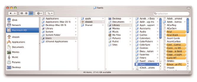 35 The column view a new feature in Mac OS X lets you see your files in context. The rightmost column can even give you a preview of many common file types.