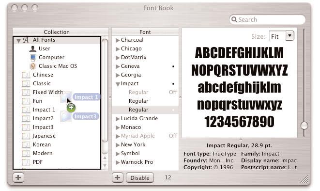 80 Previewing fonts Once a font is installed, you can preview it in different ways from the Preview menu: Sample. Shows the font using a standard alphabetical list of characters. Repertoire.